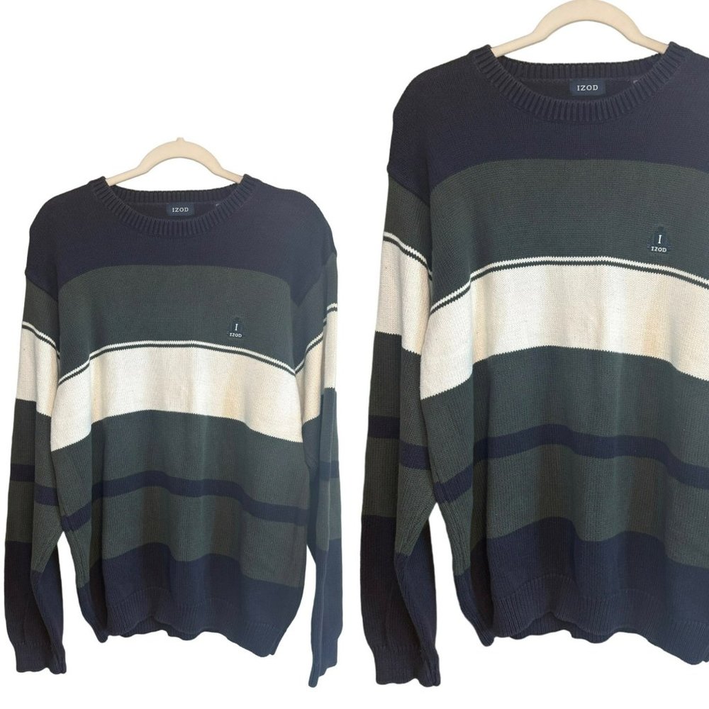 Izod Blue Green Multicolored Embroidered Logo Long Sleeve Sweater Men's SZ Large